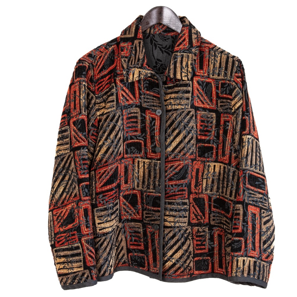 Coldwater Creek Reversible Blazer Red/Black/Gold Pattern & Black Embroidered - Picture 14 of 15